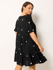 Yours Curve Black Polka Dot Tiered Smock Dress - Image 3 of 5