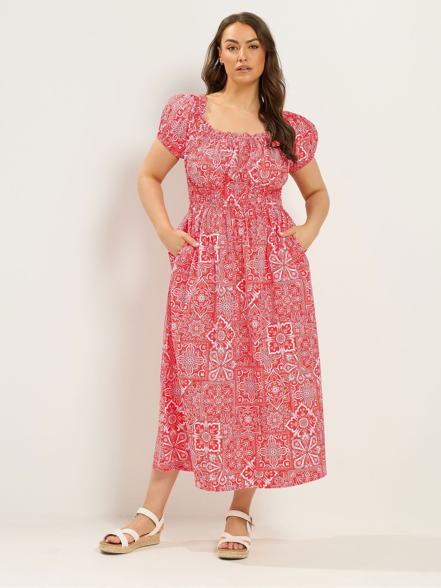Yours Women's Red Paisley Poplin Bardot Dress In | Size: 20 - Image 2