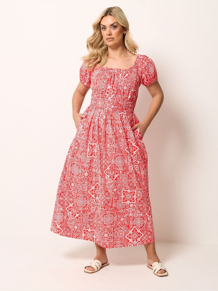Yours Curve Red Poplin Midaxi Bardot Dress - Image 1 of 5