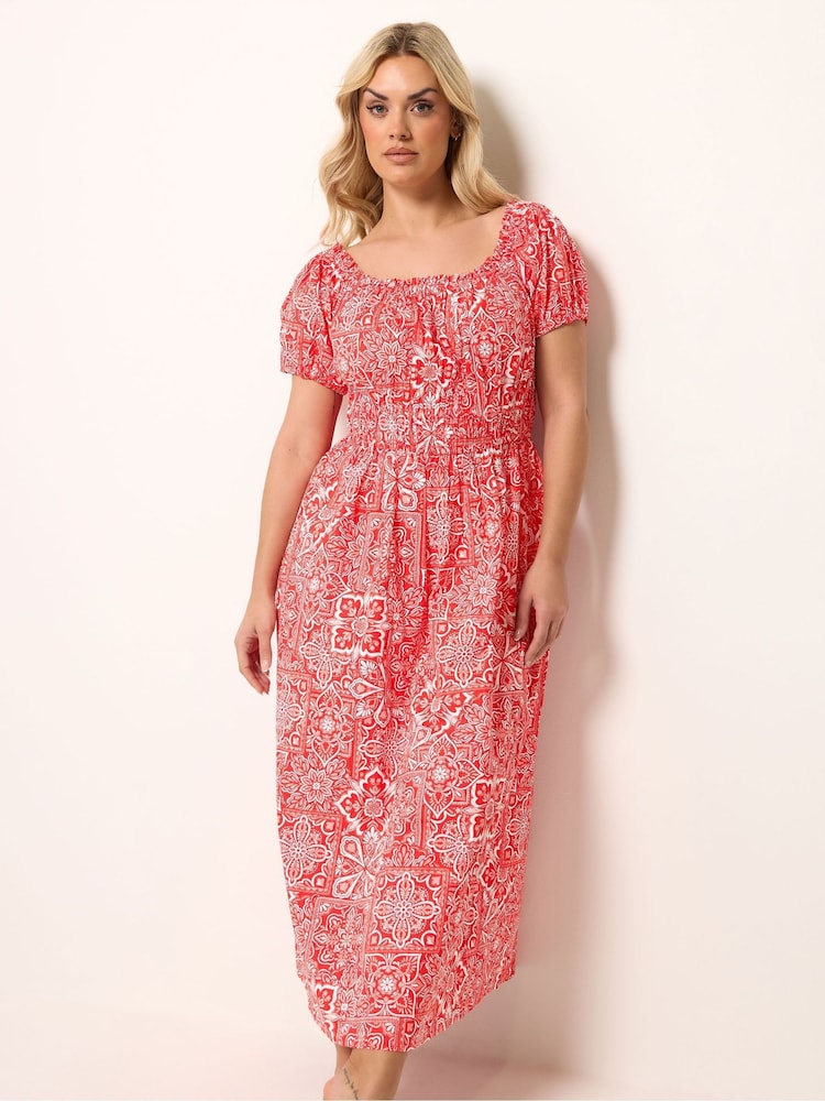 Yours Curve Red Poplin Midaxi Bardot Dress - Image 2 of 5