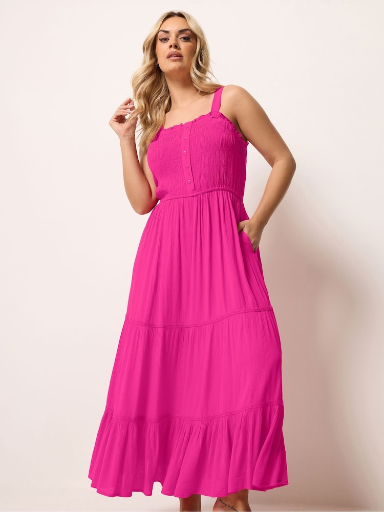 Yours Curve Pink Shirred Placket Dress - Image 1 of 5