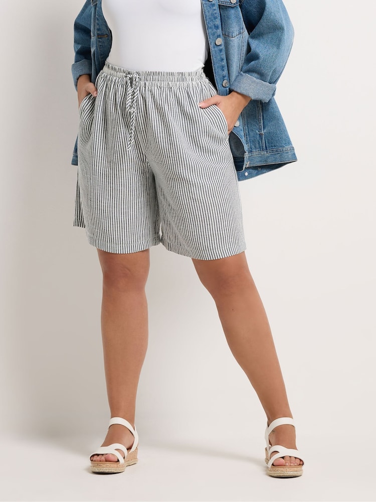 Yours Curve Blue Stripe Linen Look Shorts - Image 1 of 5