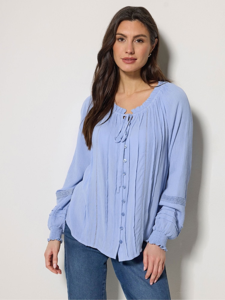 M&Co Blue Trim Detail Tie Neck Blouse - Image 1 of 5
