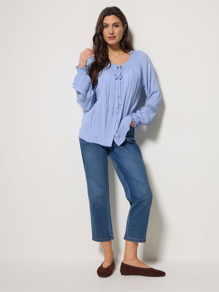 M&Co Blue Trim Detail Tie Neck Blouse - Image 2 of 5