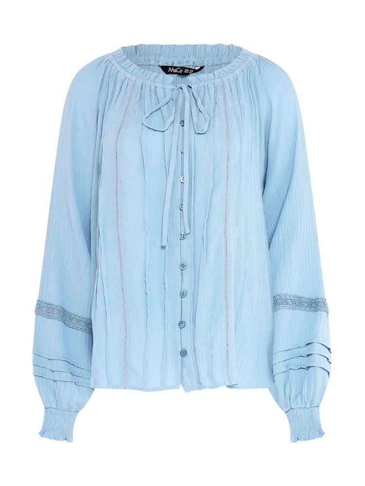 M&Co Blue Trim Detail Tie Neck Blouse - Image 5 of 5