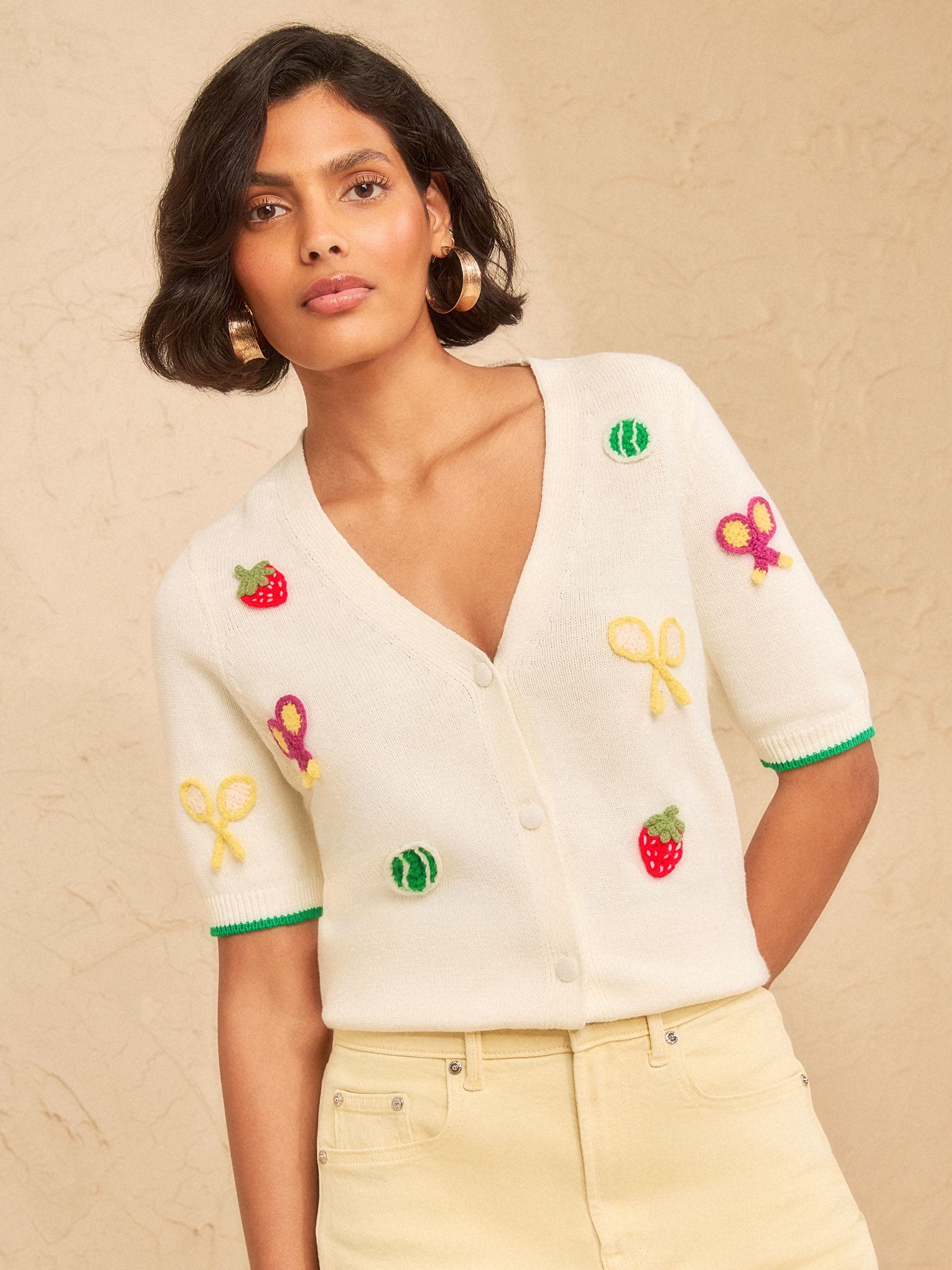 Buy Love & Roses Ivory Tennis Embroidered Detail V-Neck Short