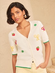 Love & Roses Ivory Tennis Embroidered Detail V-Neck Short Sleeve Knitted Cardigan - Image 4 of 5