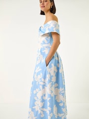 Roman Blue Floral Bardot Premium Stretch Midi Dress - Image 1 of 5