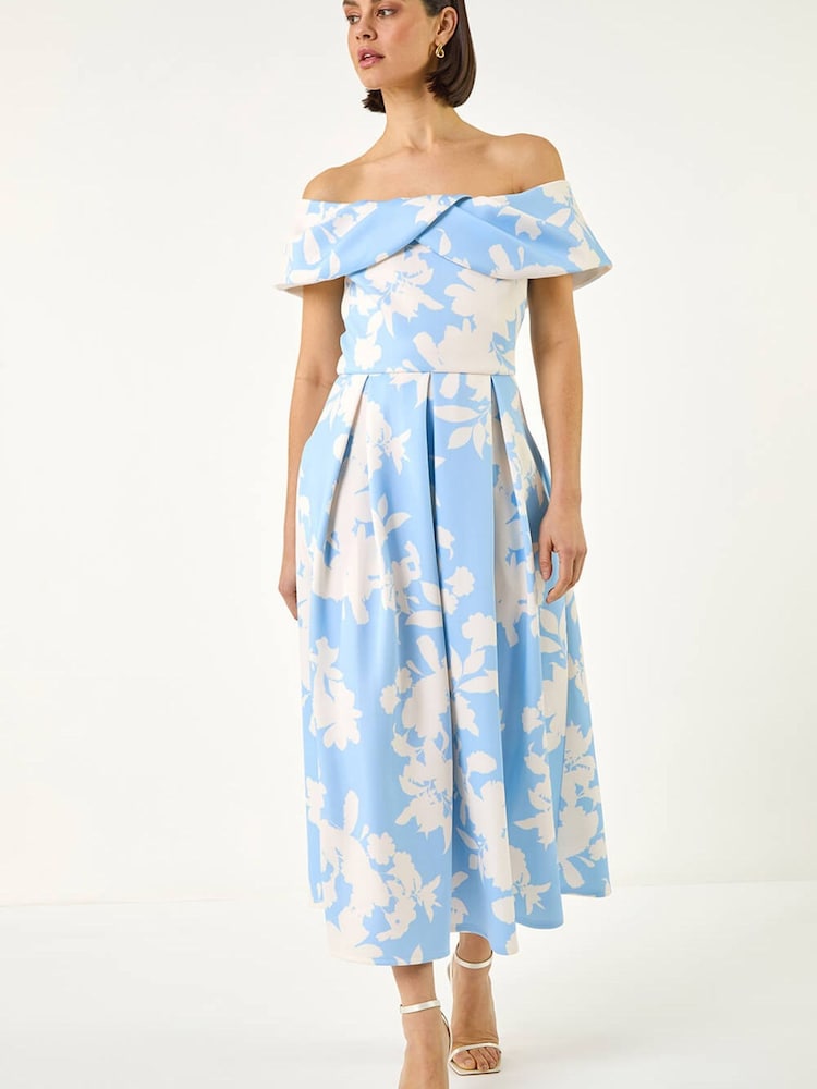 Roman Blue Floral Bardot Premium Stretch Midi Dress - Image 2 of 5 Roman Blue Floral Bardot Premium Stretch Midi Dress - Image 2 of 5