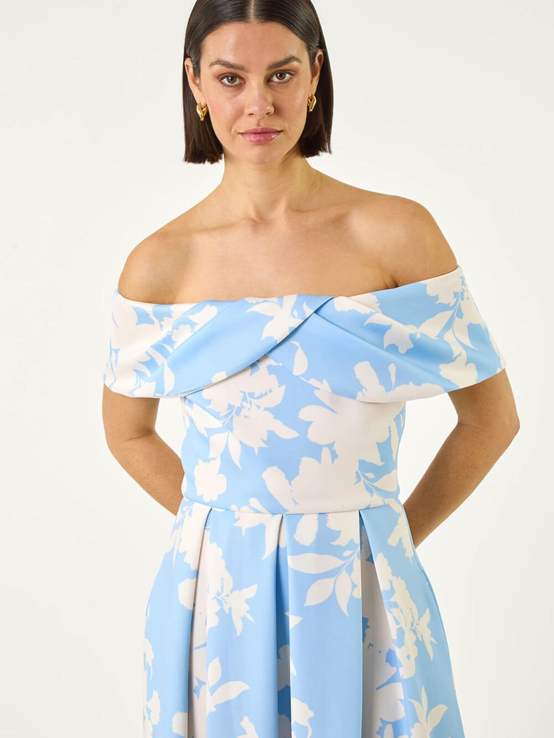 vibrant floral midi dress in blue floral bardot Bardot Vibrant Midi Dress in Aqua Tie Dye