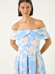 Roman Blue Floral Bardot Premium Stretch Midi Dress - Image 4 of 5