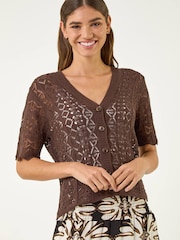 Roman Brown Stitch Detail V-Neck Knit Cardigan - Image 1 of 5