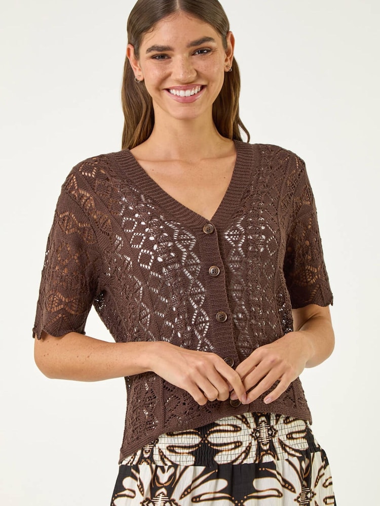 Roman Brown Stitch Detail V-Neck Knit Cardigan - Image 1 of 5