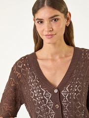 Roman Brown Stitch Detail V-Neck Knit Cardigan - Image 4 of 5