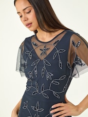 Roman Blue Petite Embroidered Mesh Layered Dress - Image 4 of 5