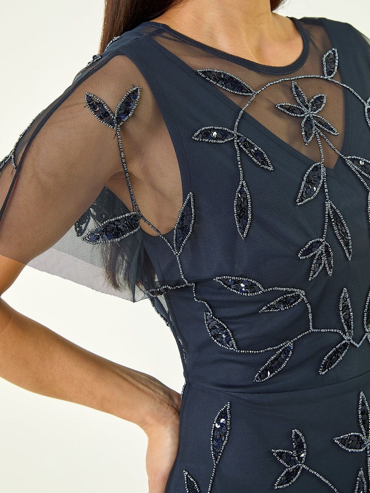 Roman Blue Petite Embroidered Mesh Layered Dress - Image 5 of 5