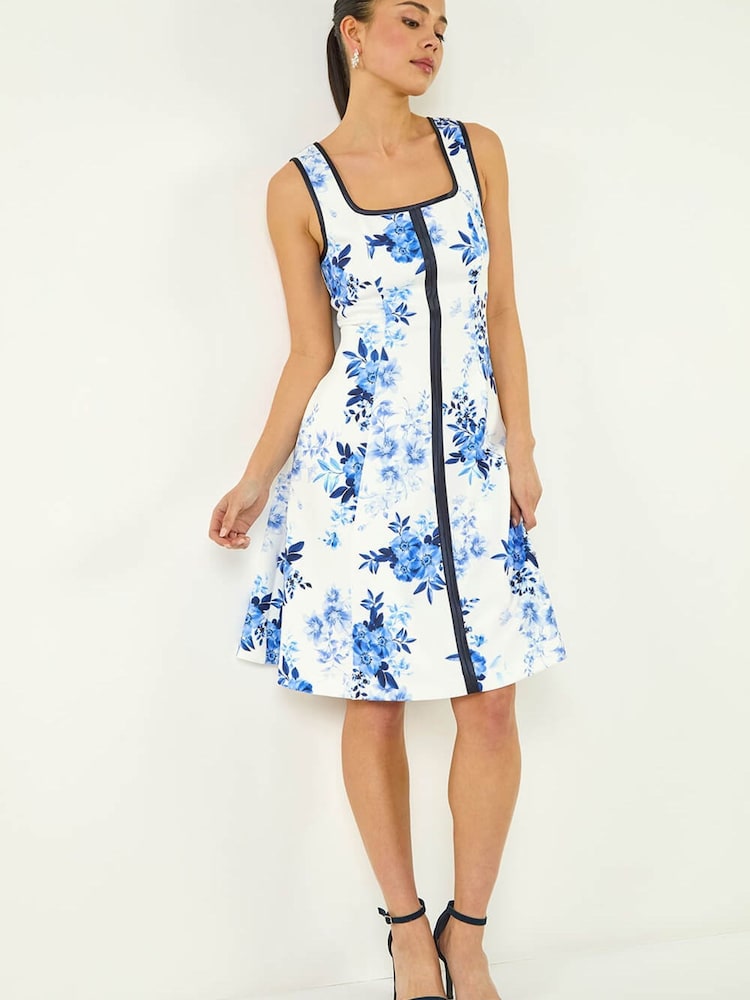 Roman Blue Petite Floral Drop Waist Midi Dress - Image 1 of 5