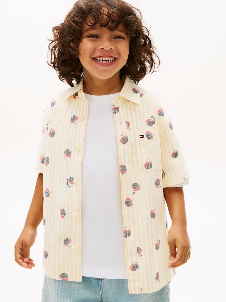 Tommy Hilfiger Yellow Print Ithaca Stripe Short Sleeve Oxford Shirt - Image 1 of 5 Tommy Hilfiger Yellow Print Ithaca Stripe Short Sleeve Oxford Shirt - Image 1 of 5