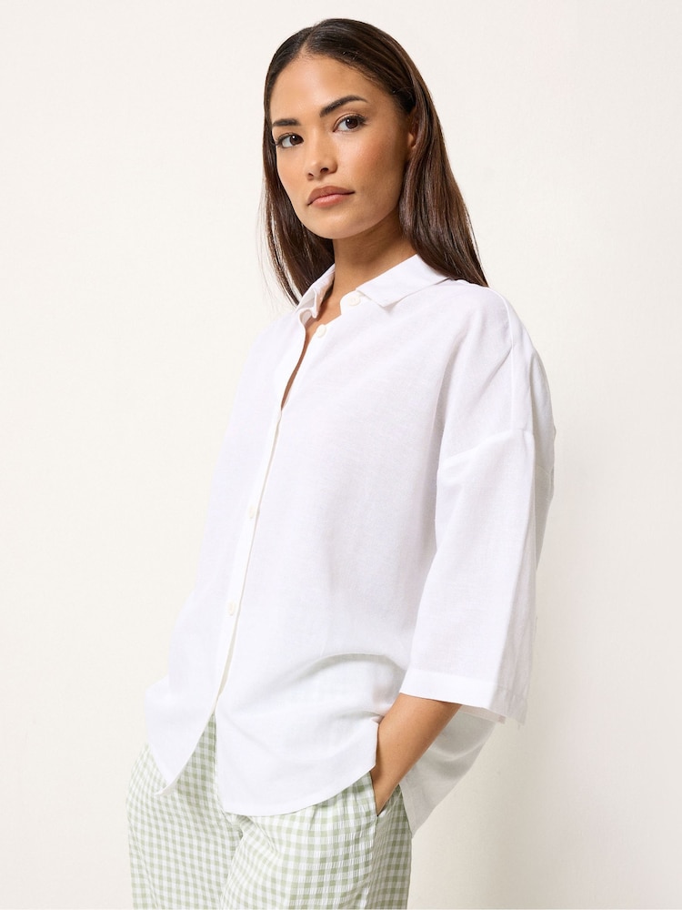 PixieGirl White Linen Blend Short Sleeve Shirt - Image 1 of 5 PixieGirl White Linen Blend Short Sleeve Shirt - Image 1 of 5