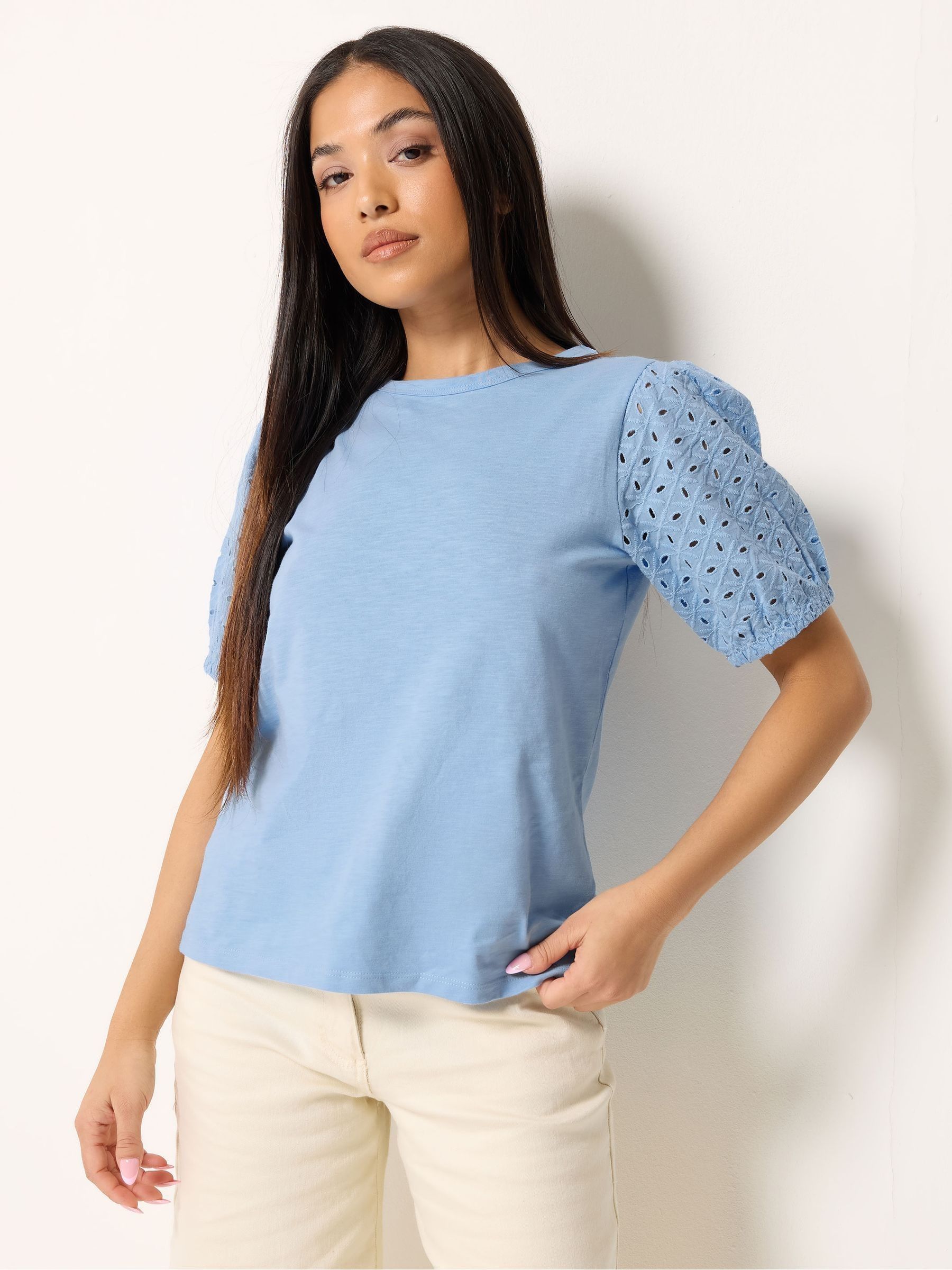 M & Co Women's Blue Petite Broderie Puff Sleeve Top