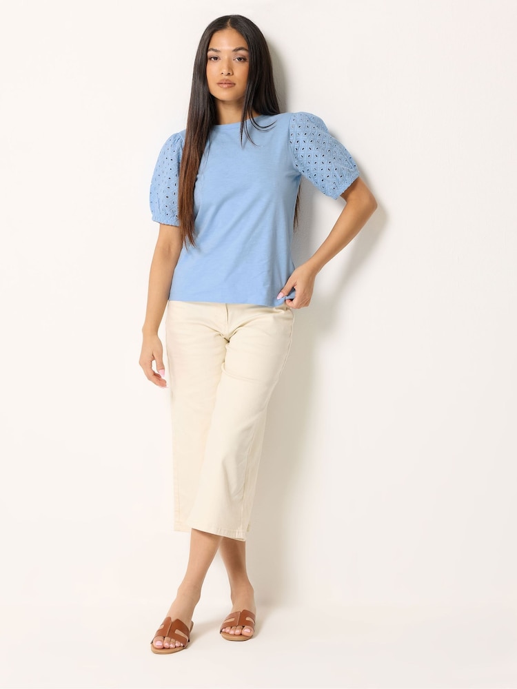 M&Co Blue Petite Broderie Puff Sleeve Top - Image 2 of 5