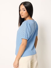 M&Co Blue Petite Broderie Puff Sleeve Top - Image 3 of 5