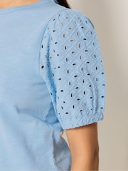 M&Co Blue Petite Broderie Puff Sleeve Top - Image 4 of 5