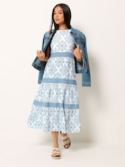 M&Co Blue Petite Tile Print Border Tiered Dress - Image 2 of 5