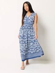 M&Co Blue Petite Border Trim Maxi Dress - Image 1 of 5