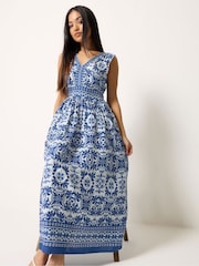 M&Co Blue Petite Border Trim Maxi Dress - Image 2 of 5