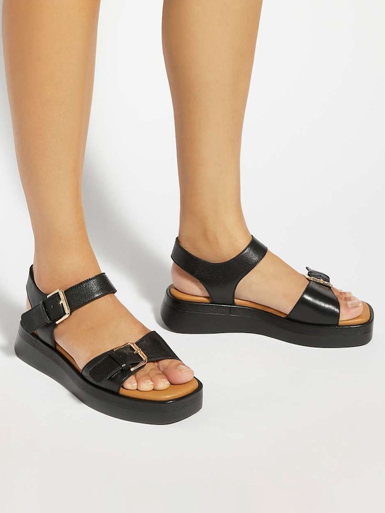 Dune London Black Wide Fit Leather Wide Fit Licia Flat Sandals - Image 1 of 6