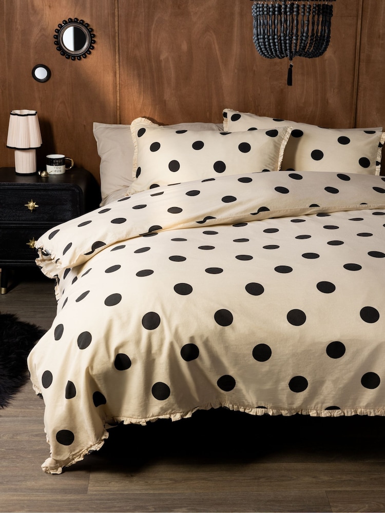 Rockett St George Buttermilk Polka Dot Noir Frill 100% Cotton Duvet Cover and Pillowcase Set - Image 2 of 5 Rockett St George Buttermilk Polka Dot Noir Frill 100% Cotton Duvet Cover and Pillowcase Set - Image 2 of 5