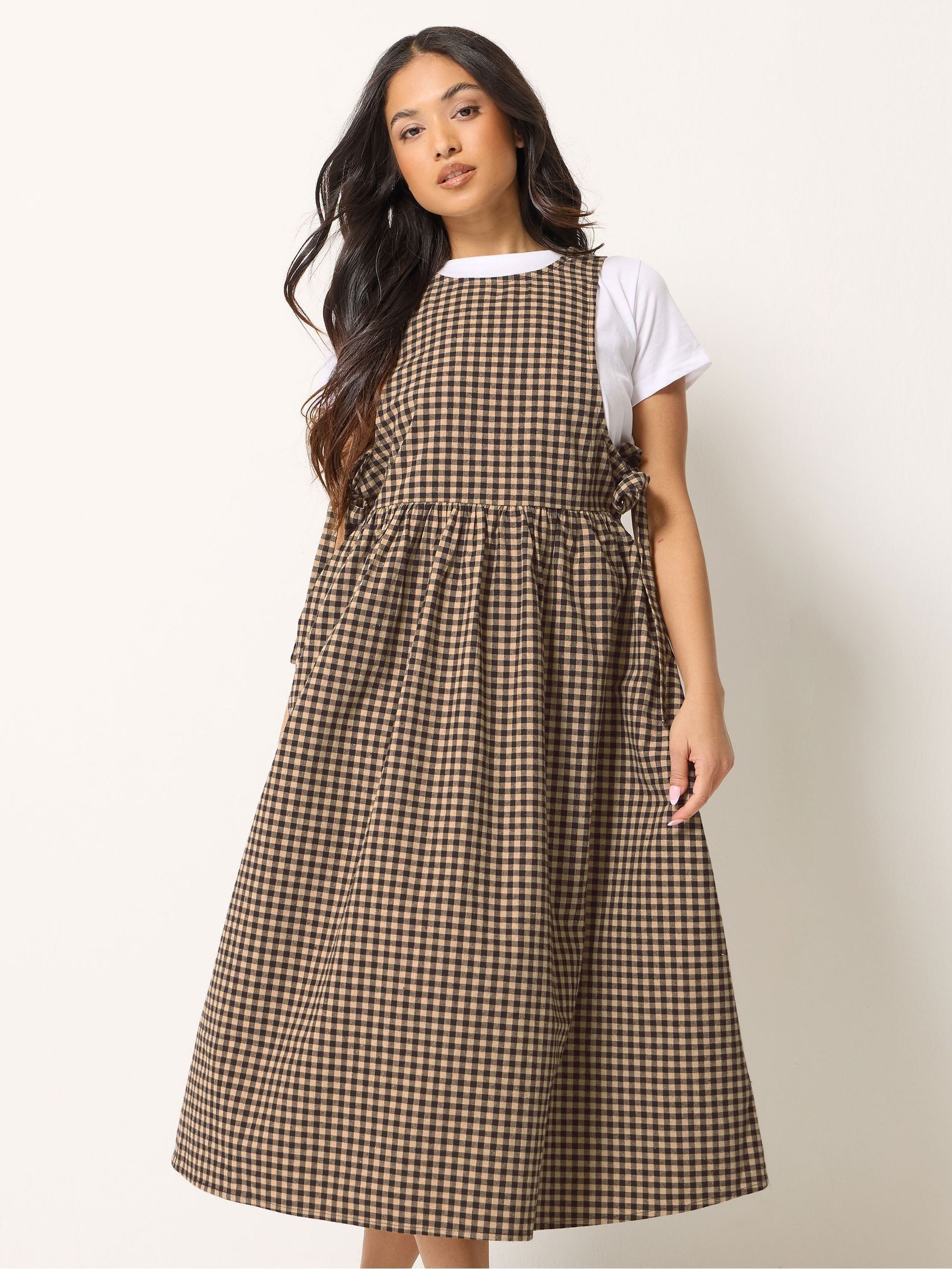 Buy PixieGirl Petite Brown Gingham Tie Pinafore Dress from Next USA