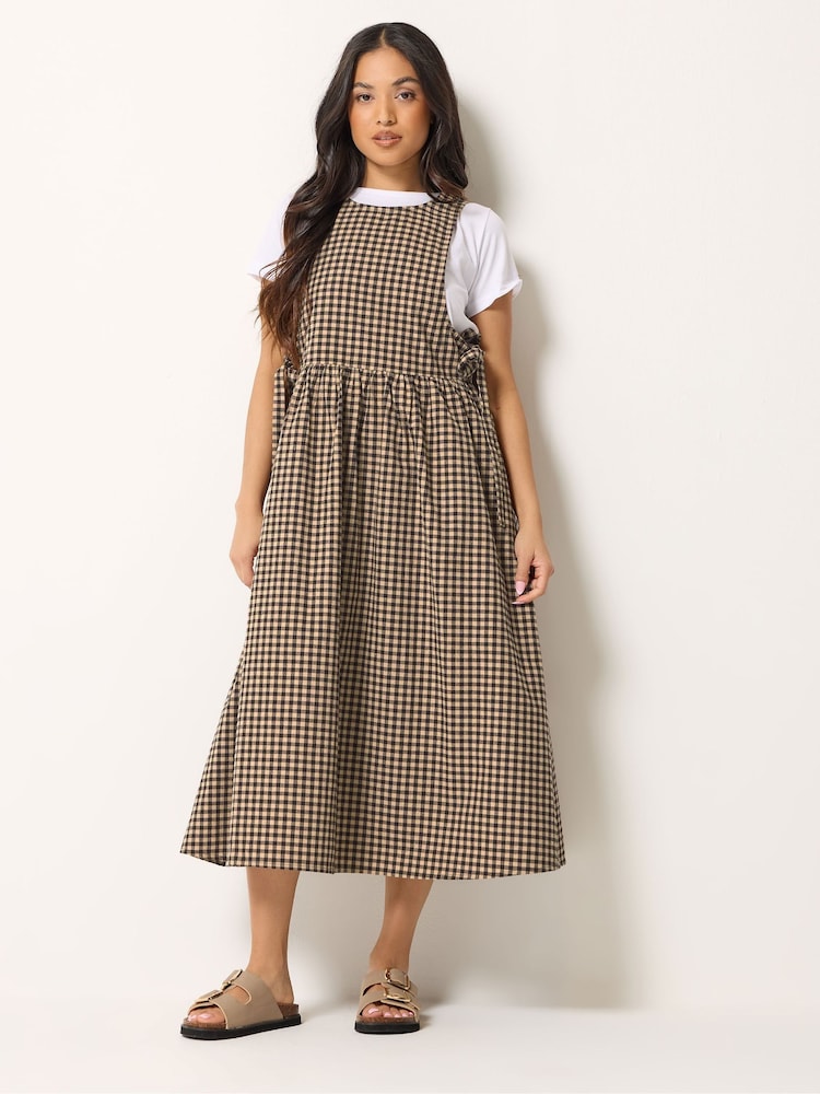 PixieGirl Petite Brown Gingham Tie Pinafore Dress - Image 2 of 5