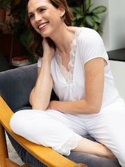 Nora Rose White Modal Lycra Jersey V-Neck Scalloped Lace Cropped Pyjamas Set - Image 1 of 4