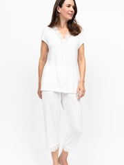 Nora Rose White Modal Lycra Jersey V-Neck Scalloped Lace Cropped Pyjamas Set - Image 2 of 4