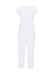 Nora Rose White Modal Lycra Jersey V-Neck Scalloped Lace Cropped Pyjamas Set - Image 4 of 4