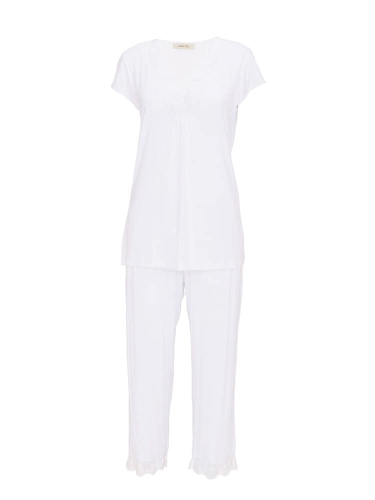 Nora Rose White Modal Lycra Jersey V-Neck Scalloped Lace Cropped Pyjamas Set - Image 4 of 4