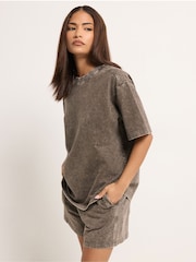 PixieGirl Petite Brown Acid Wash Sweat Top & Shorts Set - Image 1 of 5
