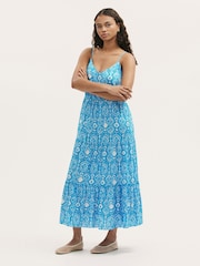 Finery Blue Emmie Cotton Strappy Midi Tiered Dress - Image 1 of 4