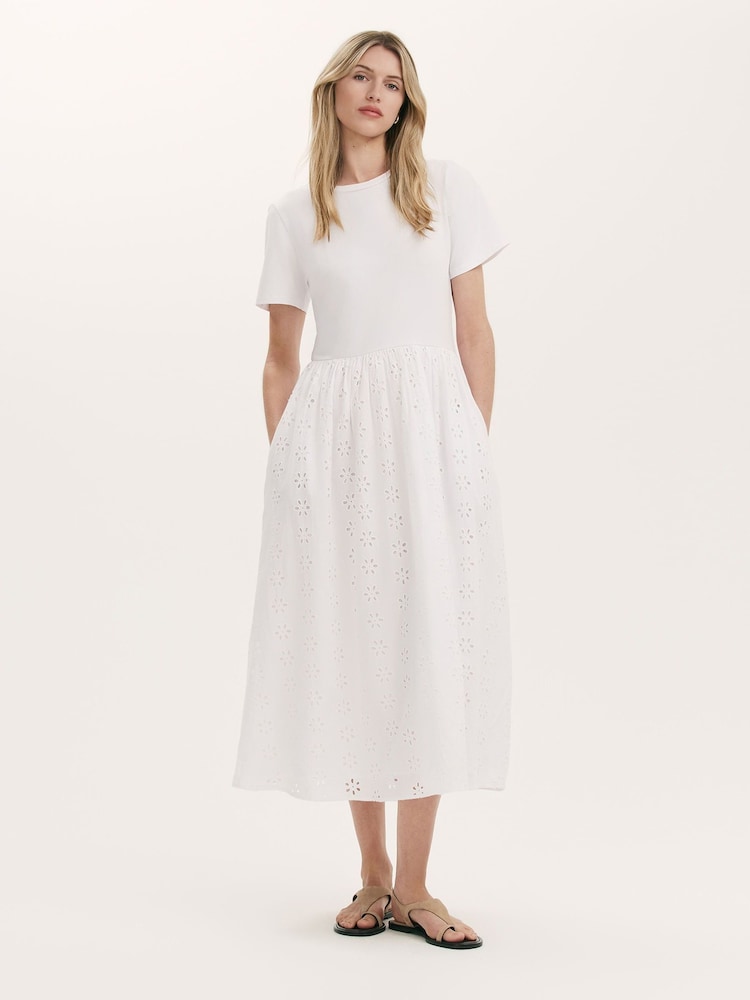 Alb - Finery Brea Embroidered Cotton Rich Midi Dress - Imaginea 1 din 4