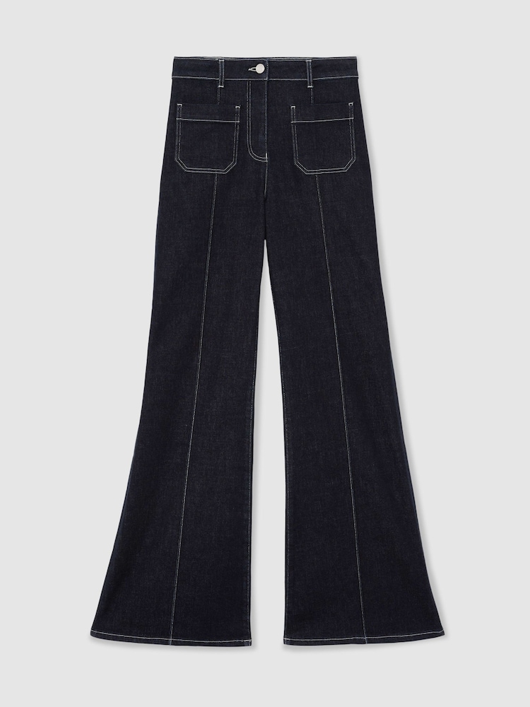 Reiss Indigo Blue Sakura Petite Patch-Pocket Flared Jeans - Image 2 of 7 Reiss Indigo Blue Sakura Petite Patch-Pocket Flared Jeans - Image 2 of 7