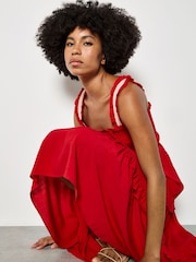 أحمر - Apricot Tiered Lace Trim Midi Dress - Image 3 of 4