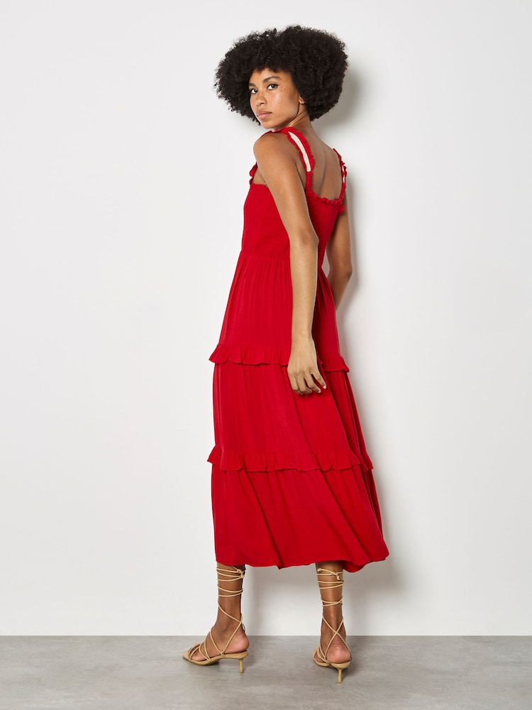 أحمر - Apricot Tiered Lace Trim Midi Dress - Image 4 of 4 أحمر - Apricot Tiered Lace Trim Midi Dress - Image 4 of 4