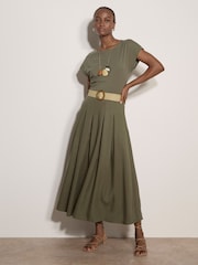 Apricot Green Boho Slub Belted Midi Skirt - Image 1 of 4