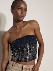 Apricot Blue Fringe Sequin Bandeau Crop Top - Image 1 of 4