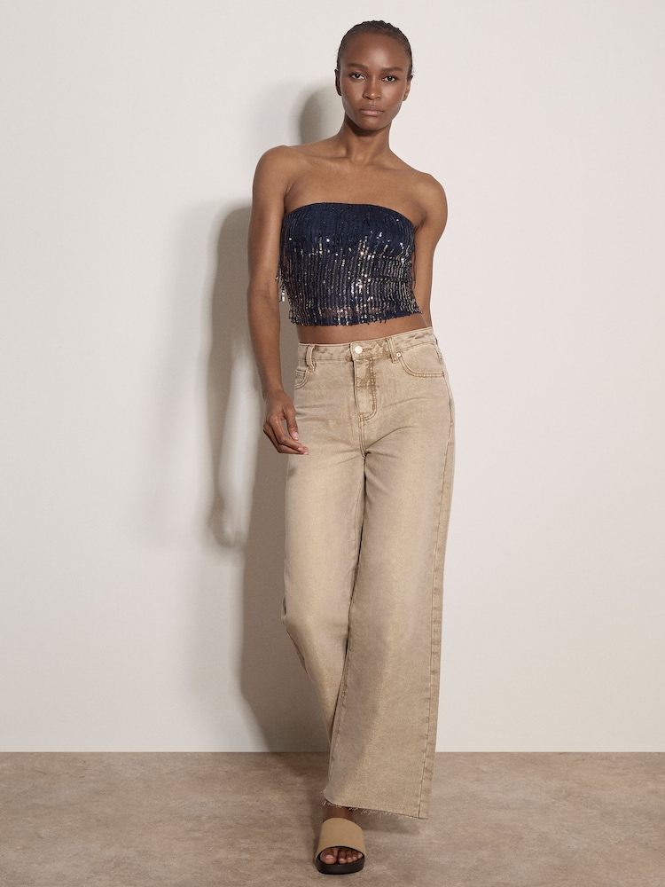 Apricot Blue Fringe Sequin Bandeau Crop Top - Image 2 of 4