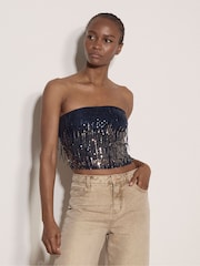 Apricot Blue Fringe Sequin Bandeau Crop Top - Image 3 of 4