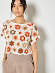 Apricot Orange Hexagon Flowers Crochet Top - Image 1 of 4