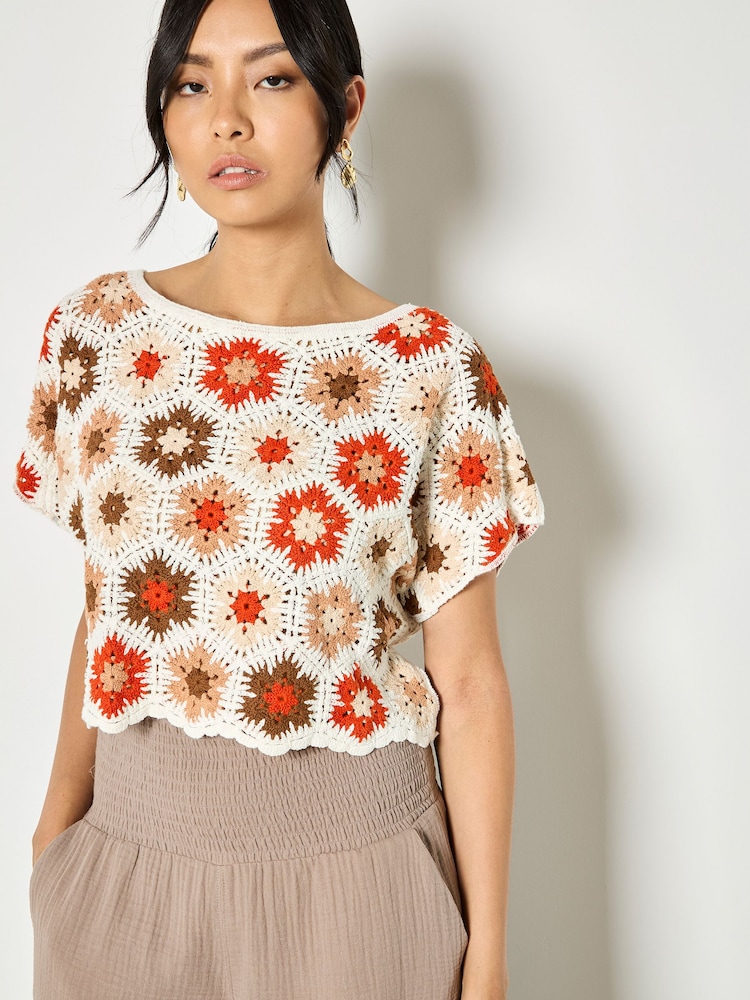 Apricot Orange Hexagon Flowers Crochet Top - Image 1 of 4